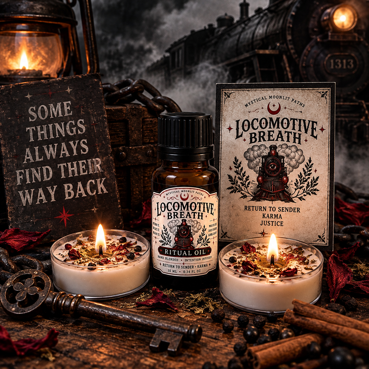 Locomotive Breath return to sender ritual bundle with ritual oil, two dressed tea light candles and ritual card