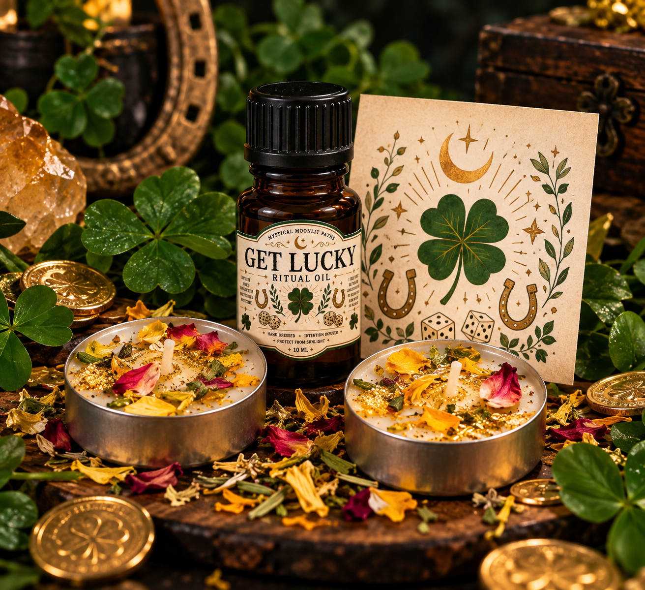 Get Lucky ritual bundle with 10 mL ritual oil, two hand-dressed tea light candles, and mini ritual card for luck and opportun