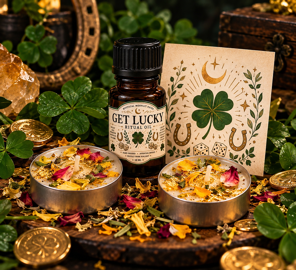 Get Lucky ritual bundle with 10 mL ritual oil, two hand-dressed tea light candles, and mini ritual card for luck and opportun