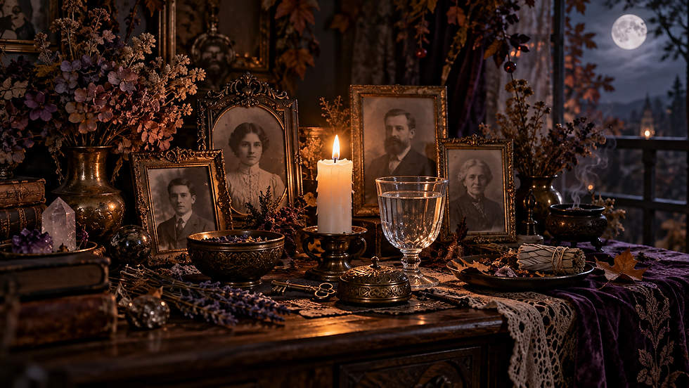 Ancestor altar with vintage family photographs, white candle, glass of water, dried herbs, and spiritual offerings.