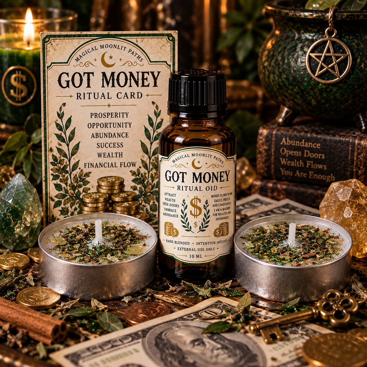 Got Money ritual bundle with two dressed tea light candles, 10 mL ritual oil and mini money ritual card