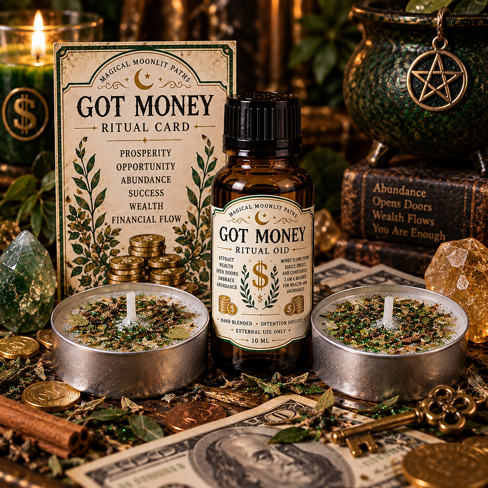 Got Money ritual bundle with two dressed tea light candles, 10 mL ritual oil and mini money ritual card
