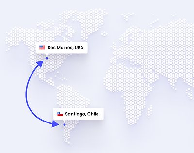 Map of the world which highlights the city of Santiago, Chile and Des Moines USA