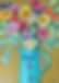"Colourful oil pastel drawing of a vibrant floral bouquet in a blue vase."
