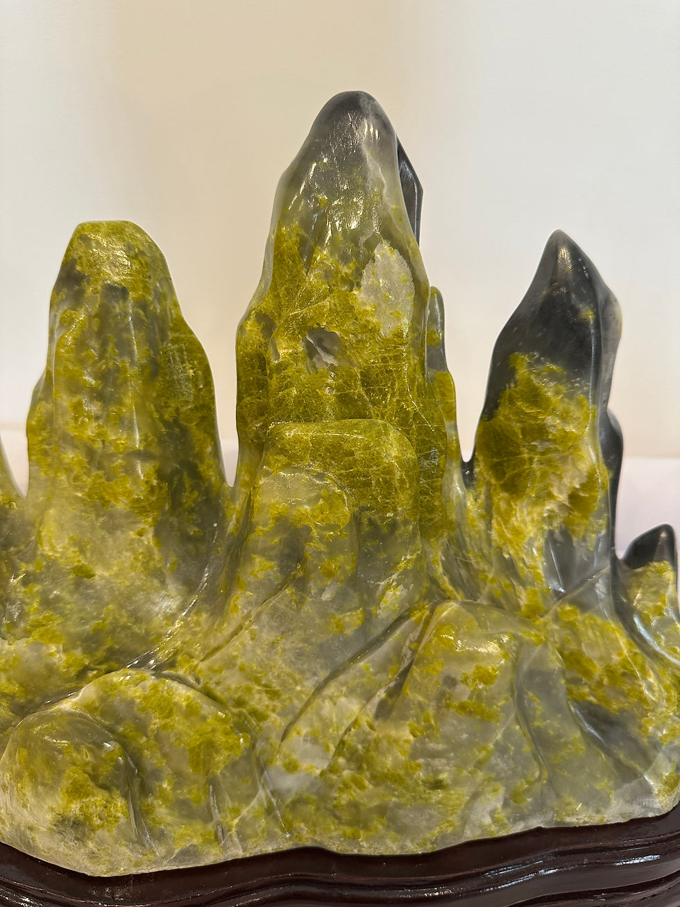 Thumbnail: Lantian Jade  (Serpentine Jade) Mountain Sculpture on Carved Wooden Stan