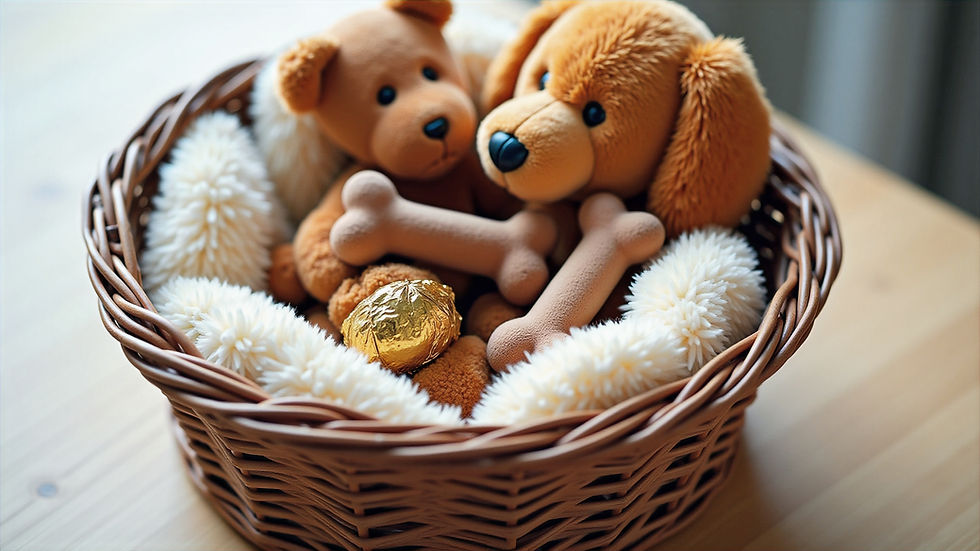 Rattankorb mit Plüschhunden