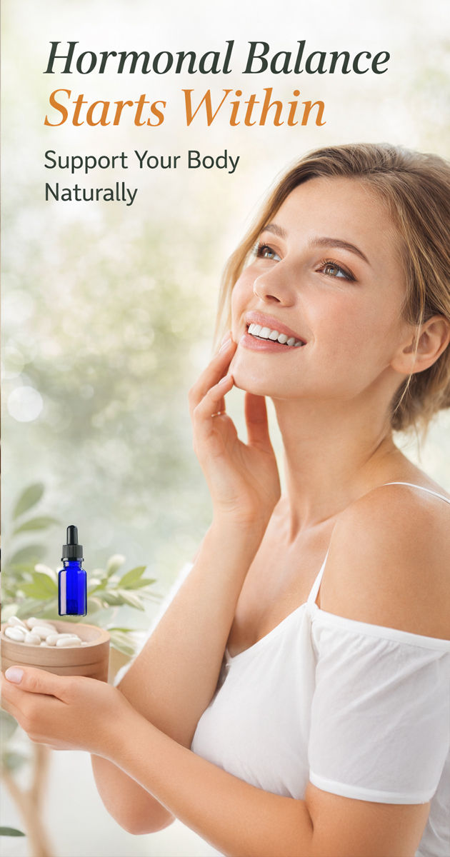 Woman with glowing skin smiling in soft natural light, symbolizing hormonal balance and wellness.