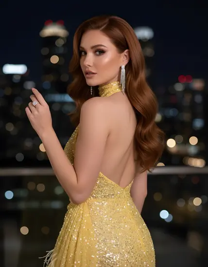 Yellow sequin gown, feather detail, high-neck halter, red carpet fashion, luxury gala photography, evening wear.