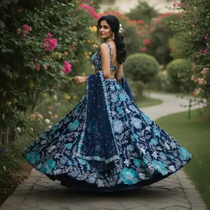 Navy blue lehenga, 3D floral work, jewel tone outfit, misty garden shoot, luxury evening wear.