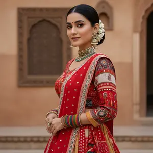 Red Bandhani lehenga, Patola print, mirror work, Navratri outfit, cultural festive wear, dynamic shoot