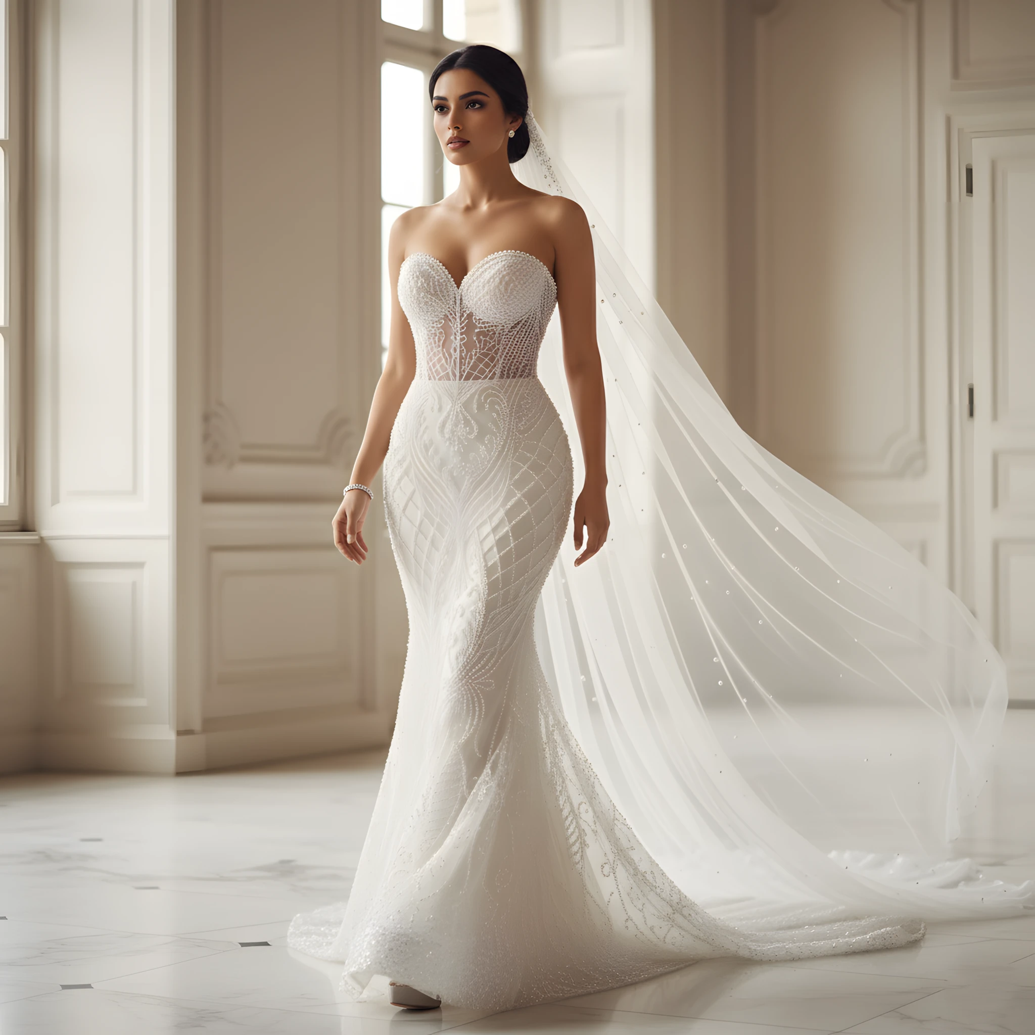 Full-length editorial shot of a model wearing a strapless, mermaid-cut wedding gown. The dress features intricate geometric beadwork across the bodice and skirt, giving a shimmering, architectural texture. She wears a long, pearl-studded cathedral veil that trails dramatically to the right. The setting is a bright, luxurious, white classical interior with tall windows and high paneling.