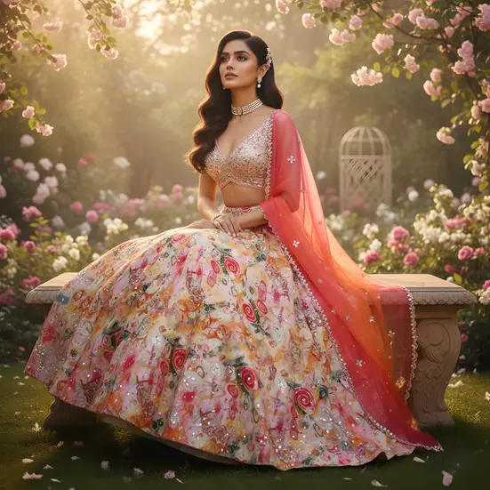 Watercolor floral lehenga, ombre dupatta, sunset shoot, fine art print, destination wedding outfit.