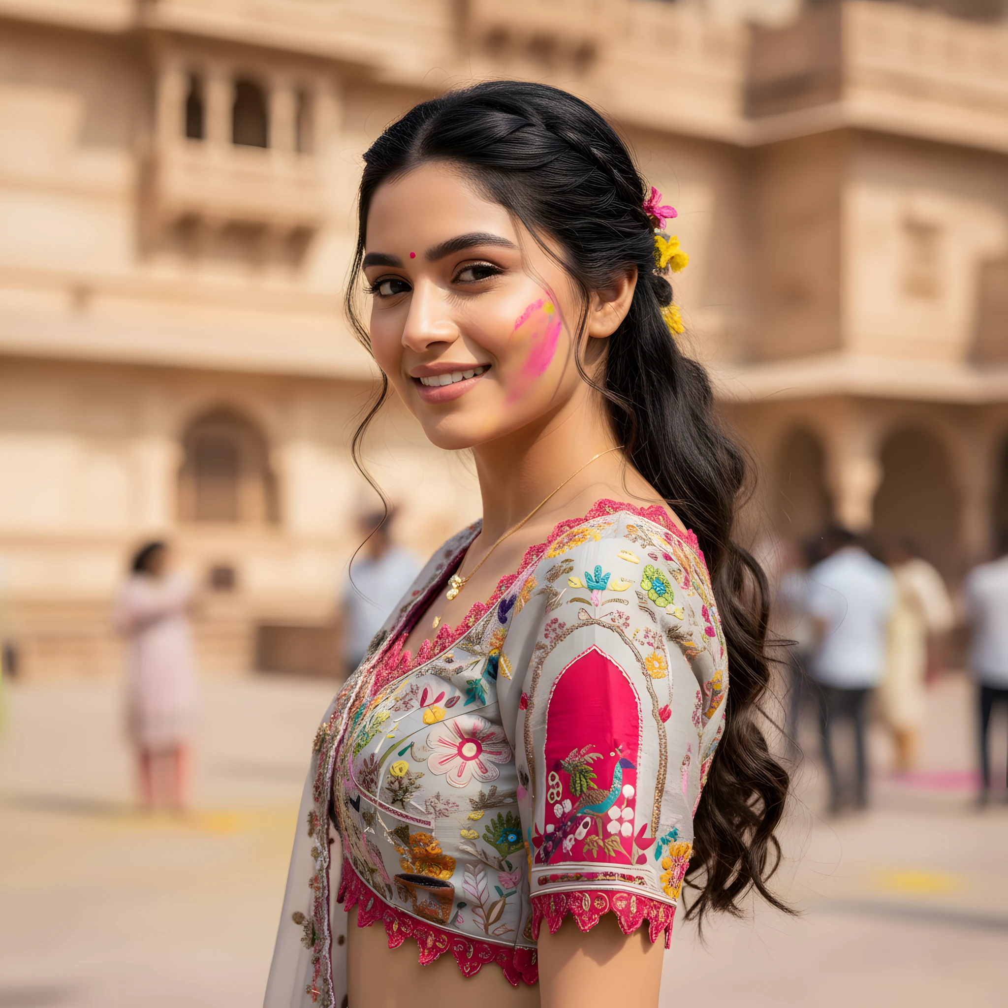 Close-up portrait of a woman smiling, wearing a traditional Indian embroidered blouse (choli) with pink and green threadwork. She has pink color dust (gulal) smeared on her cheek, indicating a celebration like Holi. Her hair is styled in a braid, decorated with yellow flowers. The background features blurred, historic tan-colored sandstone architecture.