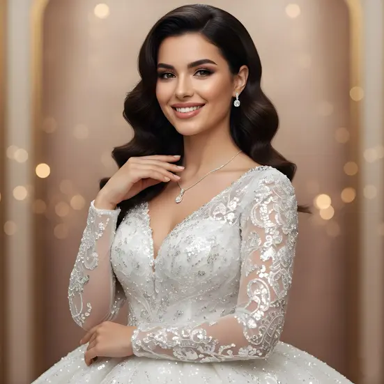 White sequined ballgown, long sleeve wedding dress, extreme volume bridal, silver embroidery, luxury wedding couture.