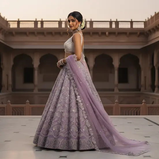 Lilac lehenga, dual mood campaign, silver embroidery, day to night shoot, luxury evening wear.