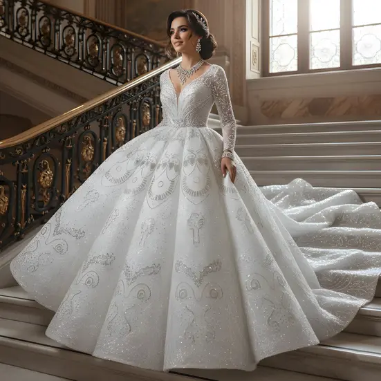 White sequined ballgown, long sleeve wedding dress, extreme volume bridal, silver embroidery, luxury wedding couture.