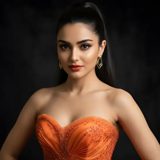 Orange couture gown, tiered ruffles, strapless evening wear, red carpet fashion, pleated fabric, dynamic movement.