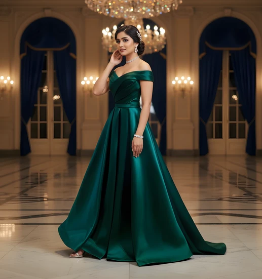 Emerald green gown, satin evening wear, off-shoulder dress, luxury gala photography, ballroom shoot.