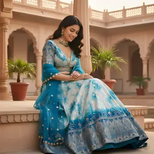 Blue Shibori lehenga, tie-dye print, resort wear, destination wedding outfit, contemporary Indian fashion.