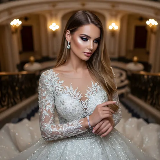 White glitter ballgown, long sleeve wedding dress, high volume bridal, sequined couture, palace shoot, classic elegance.