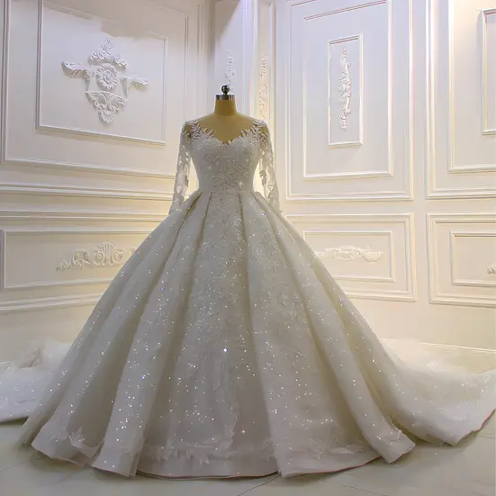 White glitter ballgown, long sleeve wedding dress, high volume bridal, sequined couture, palace shoot, classic elegance.