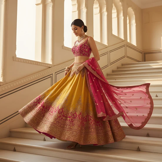 Yellow pink lehenga, traditional Haldi wear, Sangeet outfit, gold embroidery, festive Indian fashion.