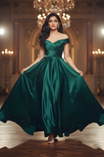 Emerald green gown, satin evening wear, off-shoulder dress, luxury gala photography, ballroom shoot.