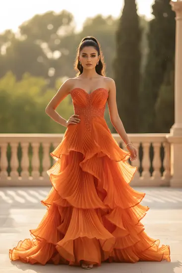 Orange couture gown, tiered ruffles, strapless evening wear, red carpet fashion, pleated fabric, dynamic movement.
