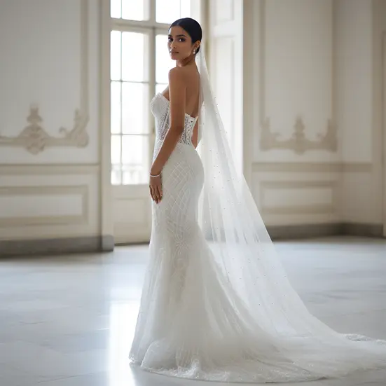 White beaded mermaid gown, illusion corset bridal, pearl beading, strapless wedding dress, sculpted fit, luxury wedding.