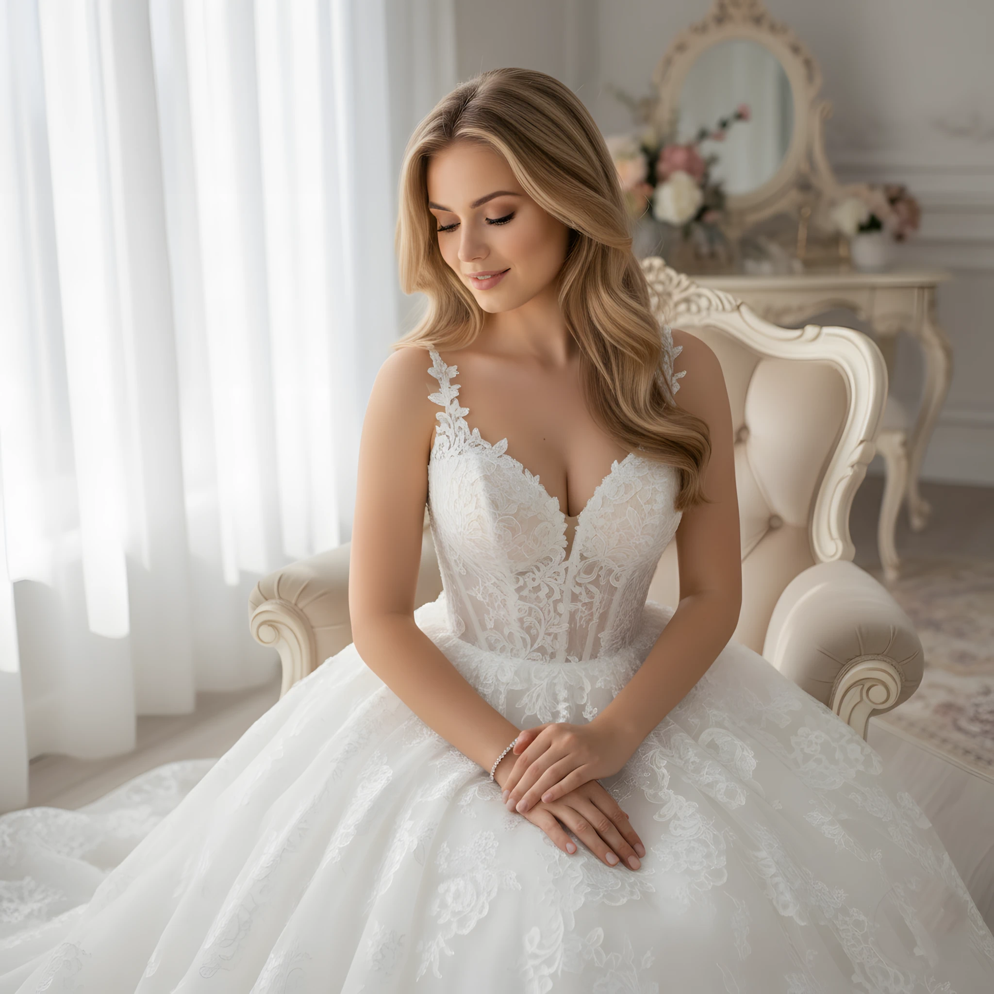 Medium-shot portrait of a woman seated in a cream velvet armchair, looking down softly. She is wearing a voluminous ballgown wedding dress featuring intricate floral lace appliqué on the bodice and straps. The setting is a luxurious, bright room with high windows and an antique vanity mirror in the background.