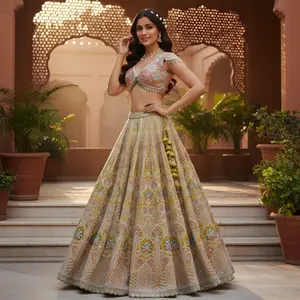 Pastel yellow lehenga, multi-thread embroidery, golden hour shoot, daytime wedding outfit, heritage courtyard.