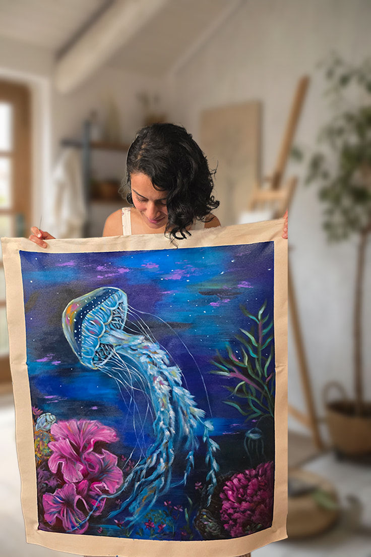 Contemporary artist Sweta Ghimire with her original painting