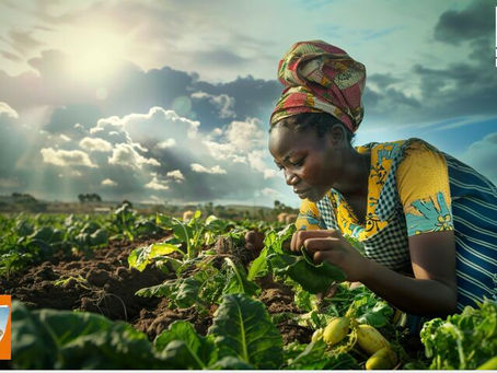 Femme africaine inspectant une culture maraîchère dans un champ, illustrant l’agriculture durable soutenue par le programme Fit For Market Plus (FFM+) dans les pays ACP.