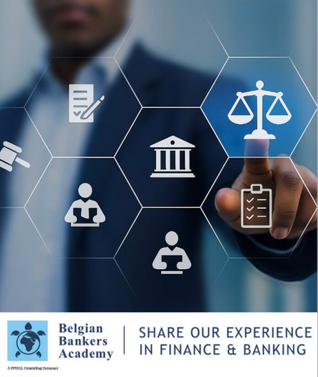 Main pointant des icônes de finance et justice ; bandeau Belgian Bankers Academy — systèmes de paiement en RDC