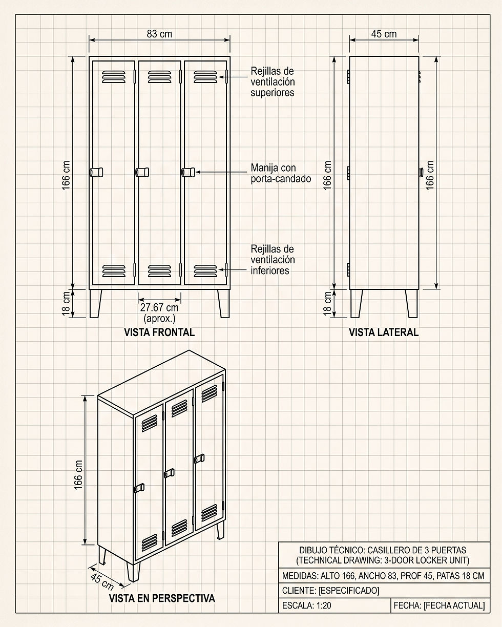 Plano técnico de lockers metálicos simples de tres puertas.