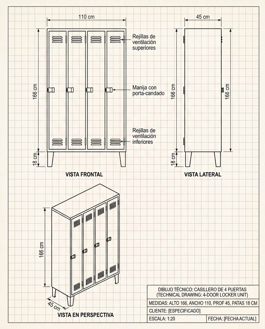 Plano técnico de lockers metálicos simples de 4 puertas