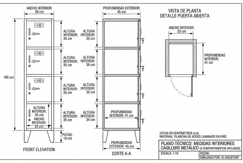 Plano técnico de lockers metálicos cuádruples con medidas.