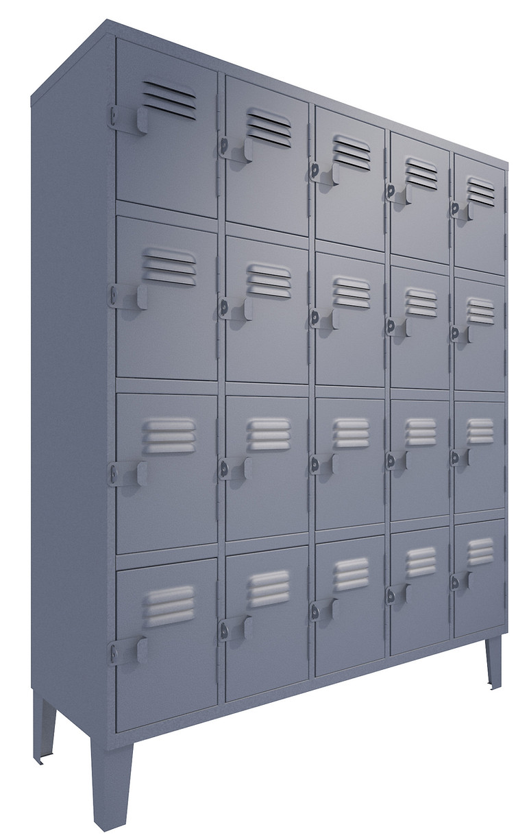 Lockers metálicos cuádruples 20 puertas gris.