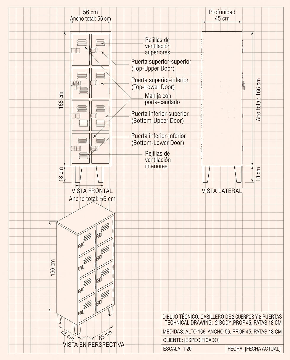 Plano técnico de lockers metálicos cuádruples con medidas.