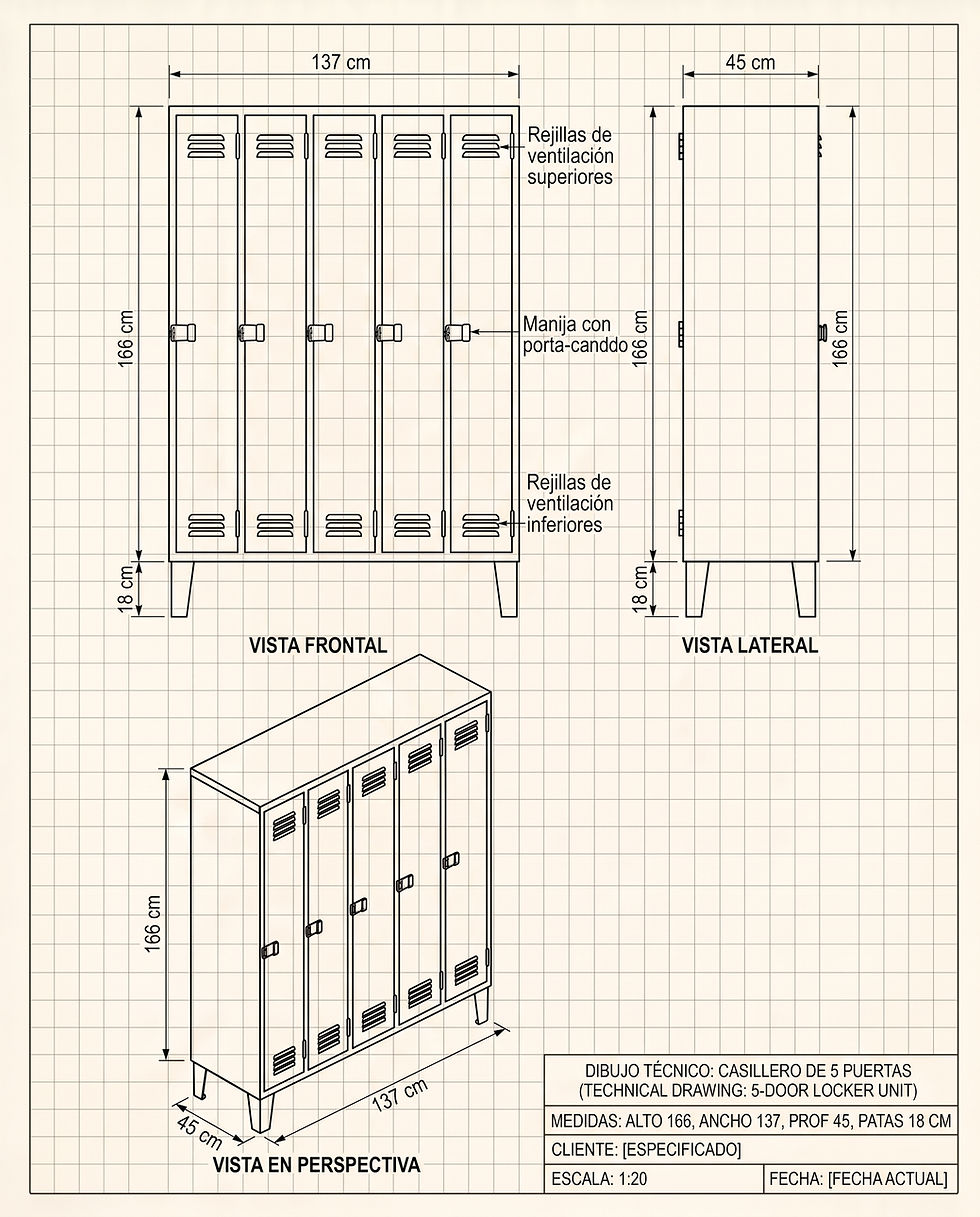 Plano técnico de lockers metálicos simples de 5 puertas.