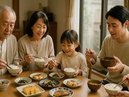 食卓を囲んで和食をたべる日本の家庭の写真