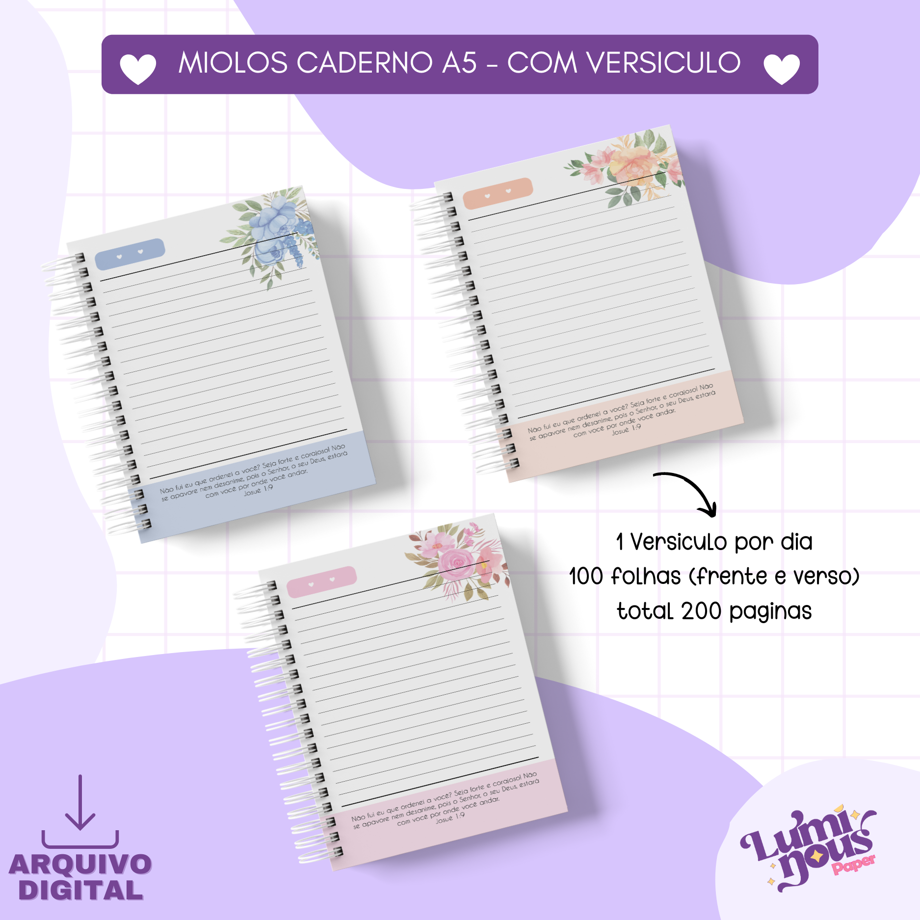 Combo 08 Miolos Caderno Pautado A5 - Com versículos - Arquivo Digital