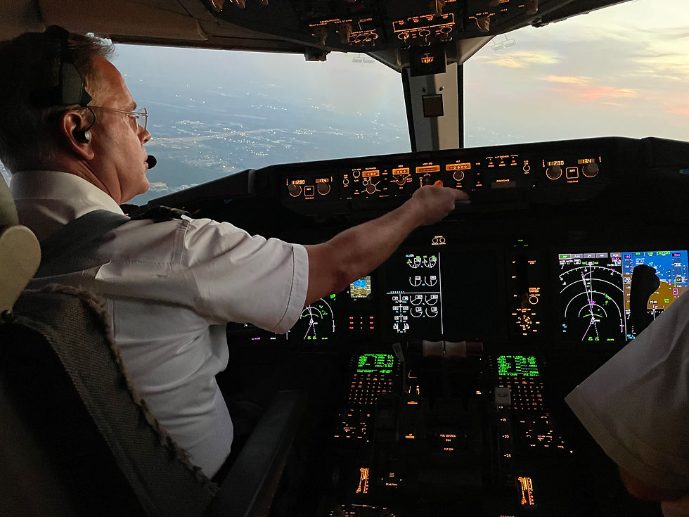 Boeing 767 flight deck in cruise — flight path awareness begins outside the windscreen.