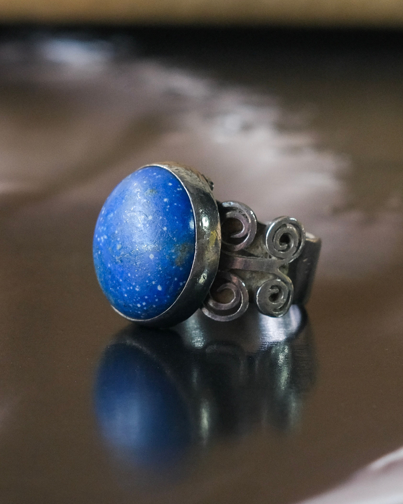 Vintage Natural Lapis Lazuli Cabochon Silver-Tone Statement Ring Size 4.5
