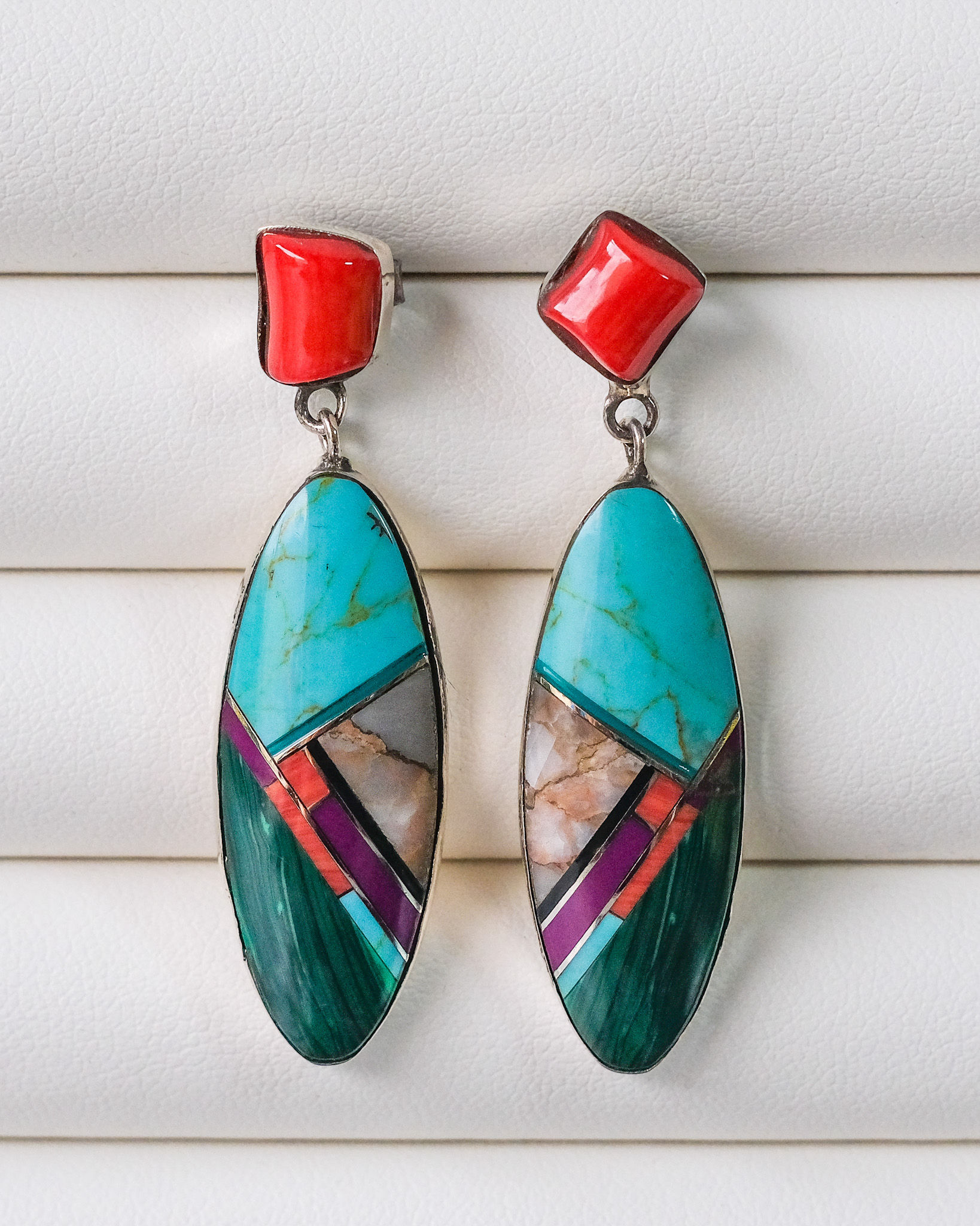Sterling Silver Multi-Stone Inlay Dangle Stud Earrings