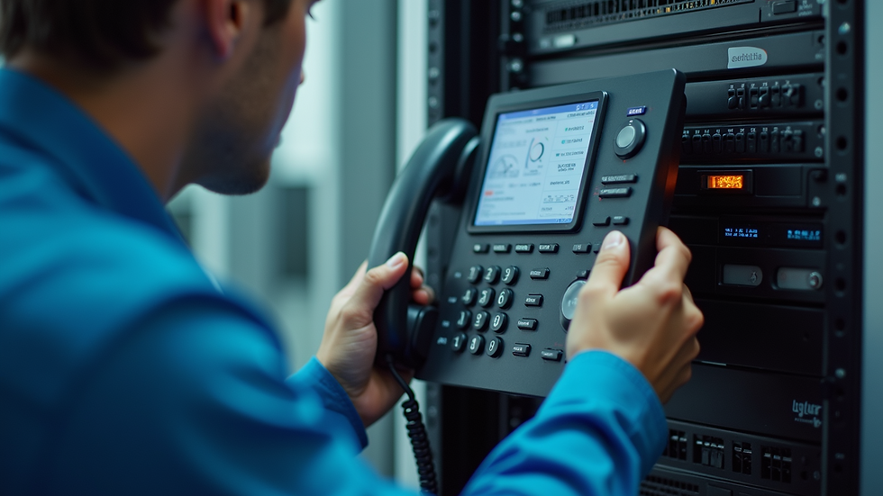 Close-up view of a technician configuring a business phone system