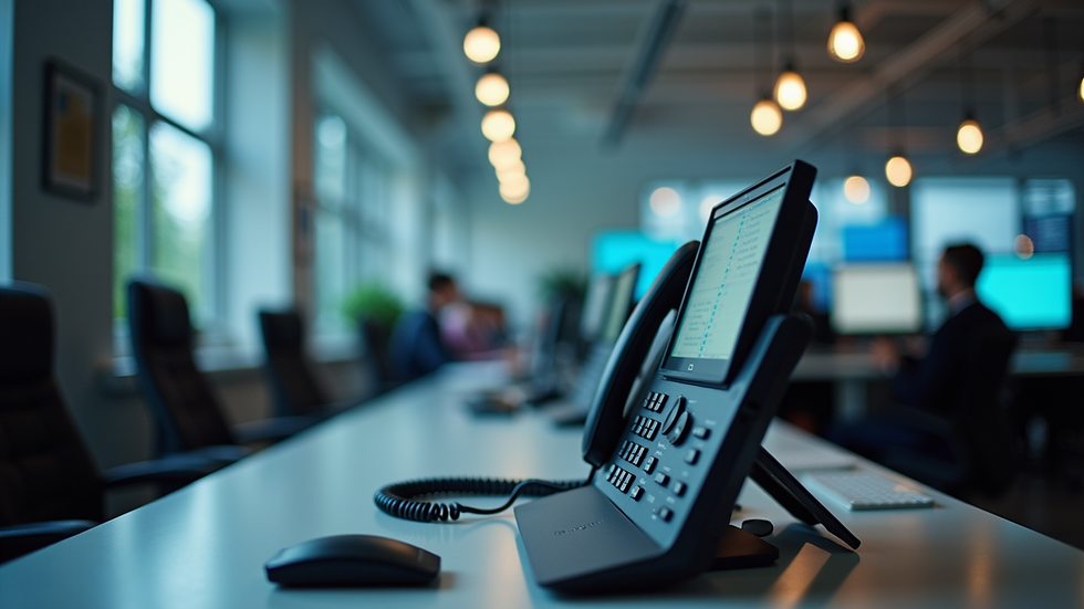 Eye-level view of a modern office setup with telecommunication devices
