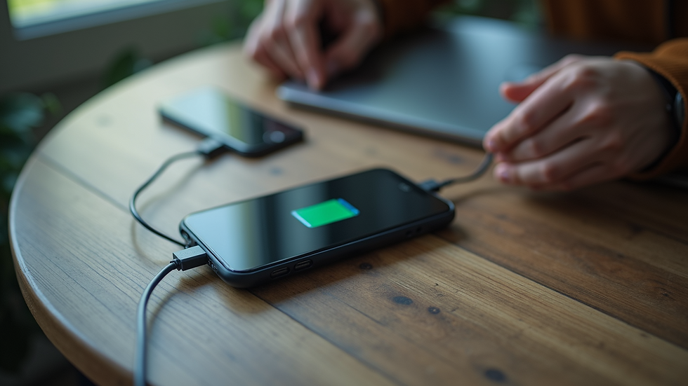 High angle view of a portable power bank charging a smartphone