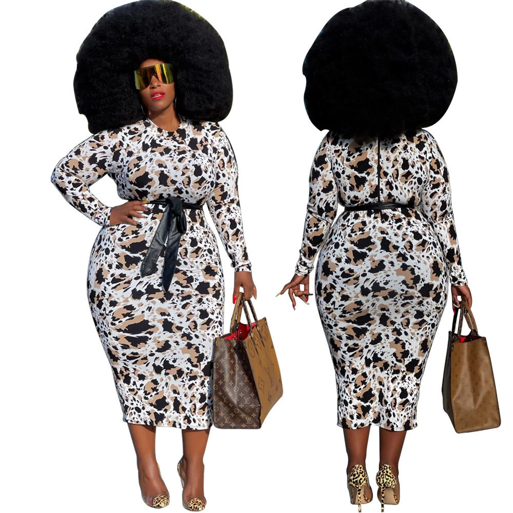 Print Plus Size Formal Midi Dress Office Church Wear Elegant Women Outfit