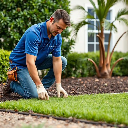 Employee wearing a blue polo shirt, laying new St Augustine sod in a Florida yard.jpg